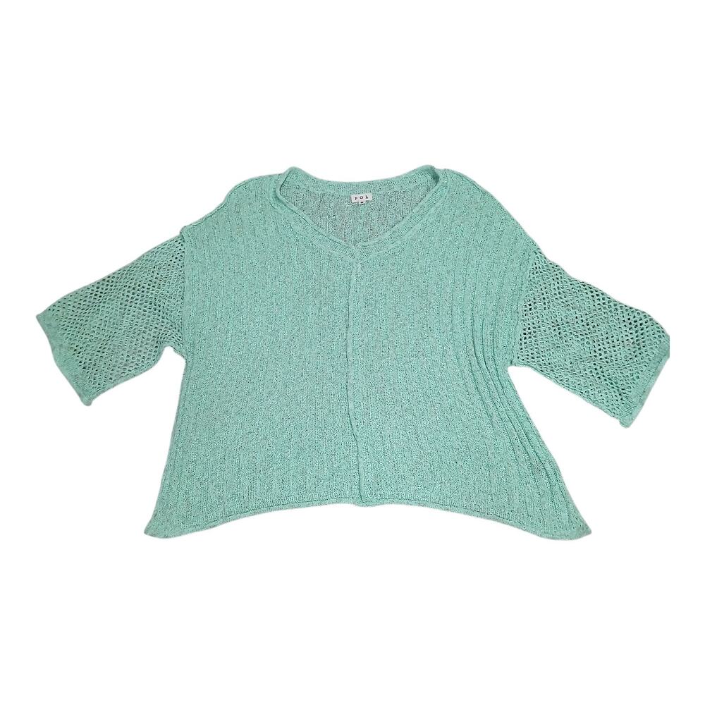 POL Womens Sweater Small Green Knit Oversized V Neck Short Sleeve Boho Laganlook